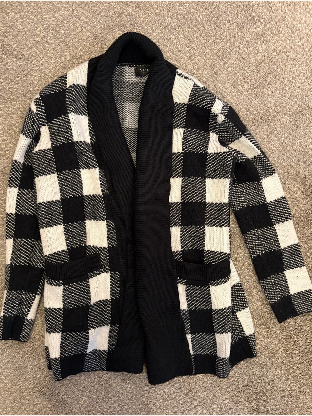 VICI Boutique Black and White Buffalo Check Women’s Chunky Cardigan Sweater
